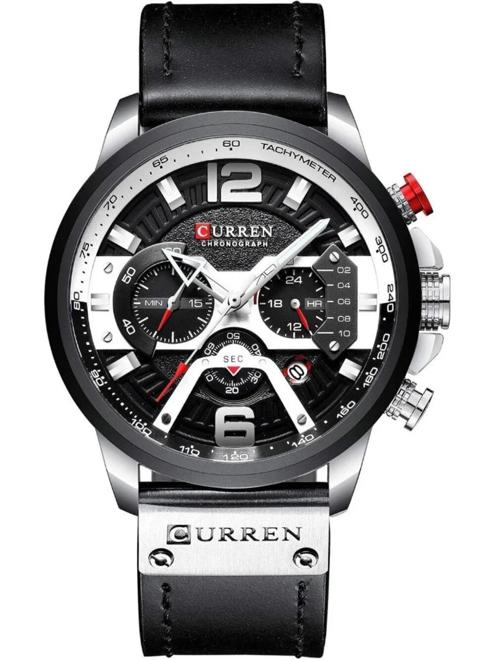 Men Black Silver Analog Quartz Waterproof Leather Strap Chronograph Luxury Watch